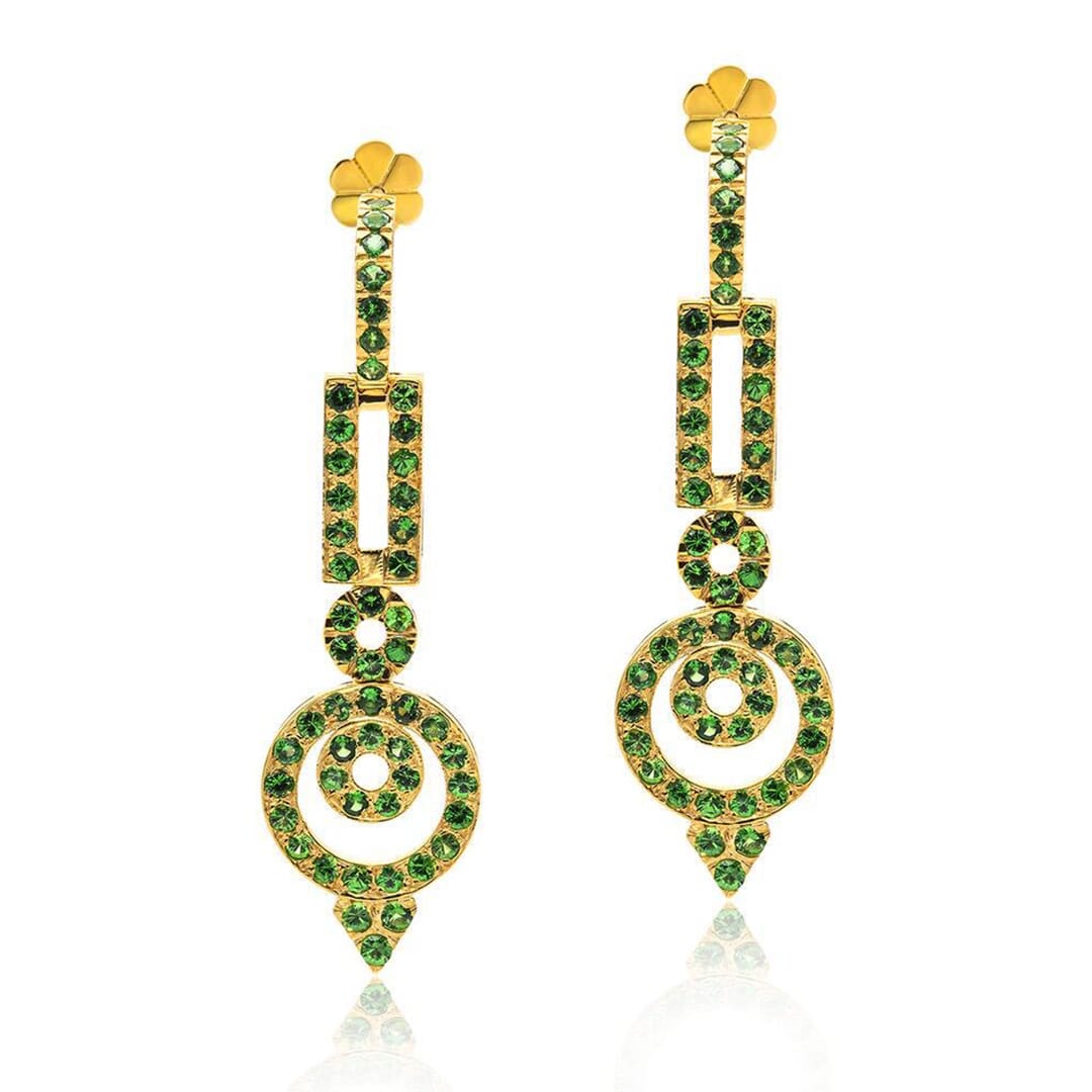 Designer Earrings in 14K Gold and Tsavorite Garnet