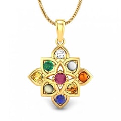 9KT Gold Navaratna Pendant with Chain 16 inches 