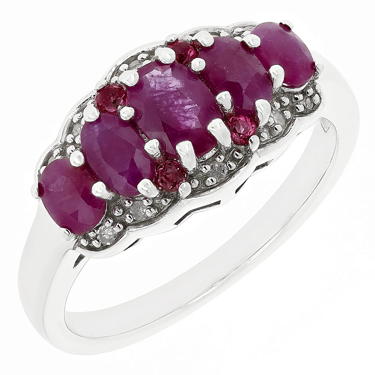 1.56 CTW Oval Burma Ruby with 0.06 CTW Burma Ruby and 0.05 CTW Round White Diamond Ring in 925 Sterling Silver Plated with Rhodium