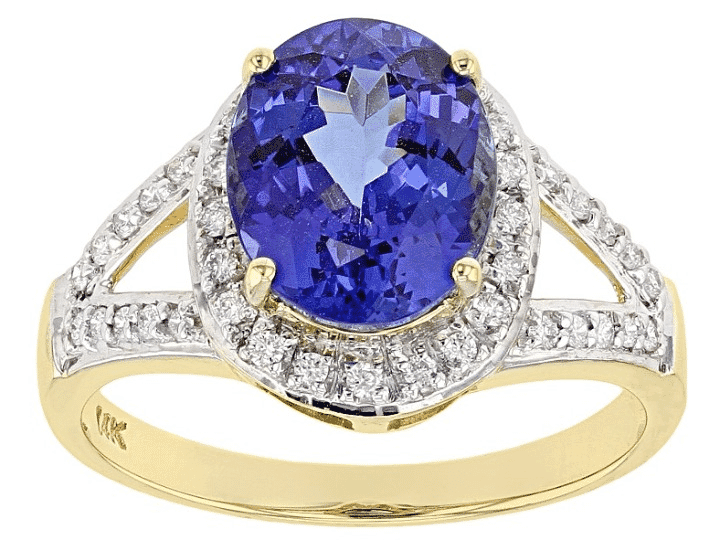 14KT Yellow Gold and 3.31 Ctw Natural Tanzanite with 0.21 Round Diamond Accent Halo Engagement Ring