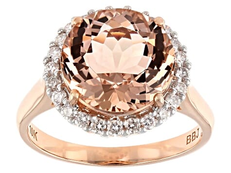 10K Gold and 5.00 Ctw Natural Peach Morganite with 0.34 Ctw Natural White Diamond Halo Engagement Ring