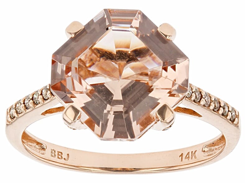 14K Gold and 3.75 Ctw Natural Peach Morganite with 0.15 Ctw Diamond Ring