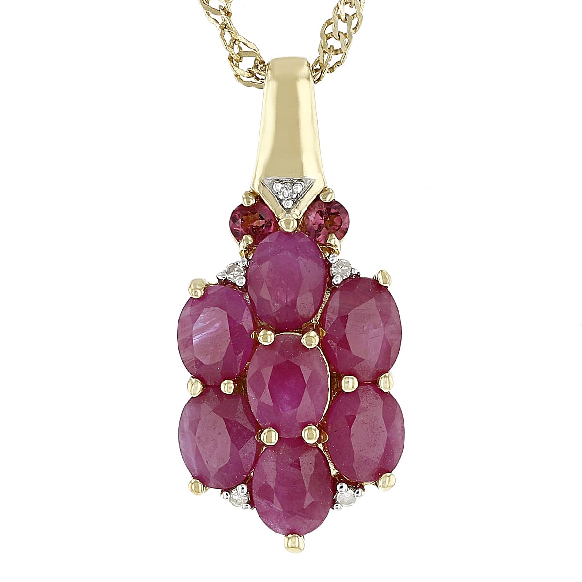 1.49 CTW Oval Burma Ruby with 0.09 CTW Round Spinel Pendant with Chain in 925 Sterling Silver Plated with 18K Yellow Gold