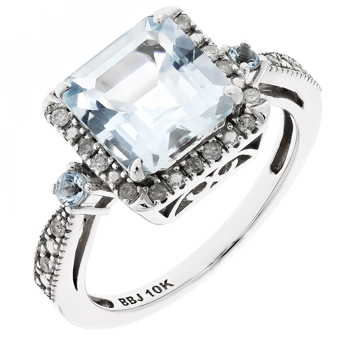 2.17 CTW Octagon Brazil Santa Maria Aquamarine with 0.12 CTW Round White Diamond Ring in 10KT White Gold