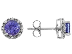 1.75 Ctw Natural Blue Tanzanite with 0.01Ctw White Diamond 925 Sterling Silver Plated with Rhodium Stud Earrings