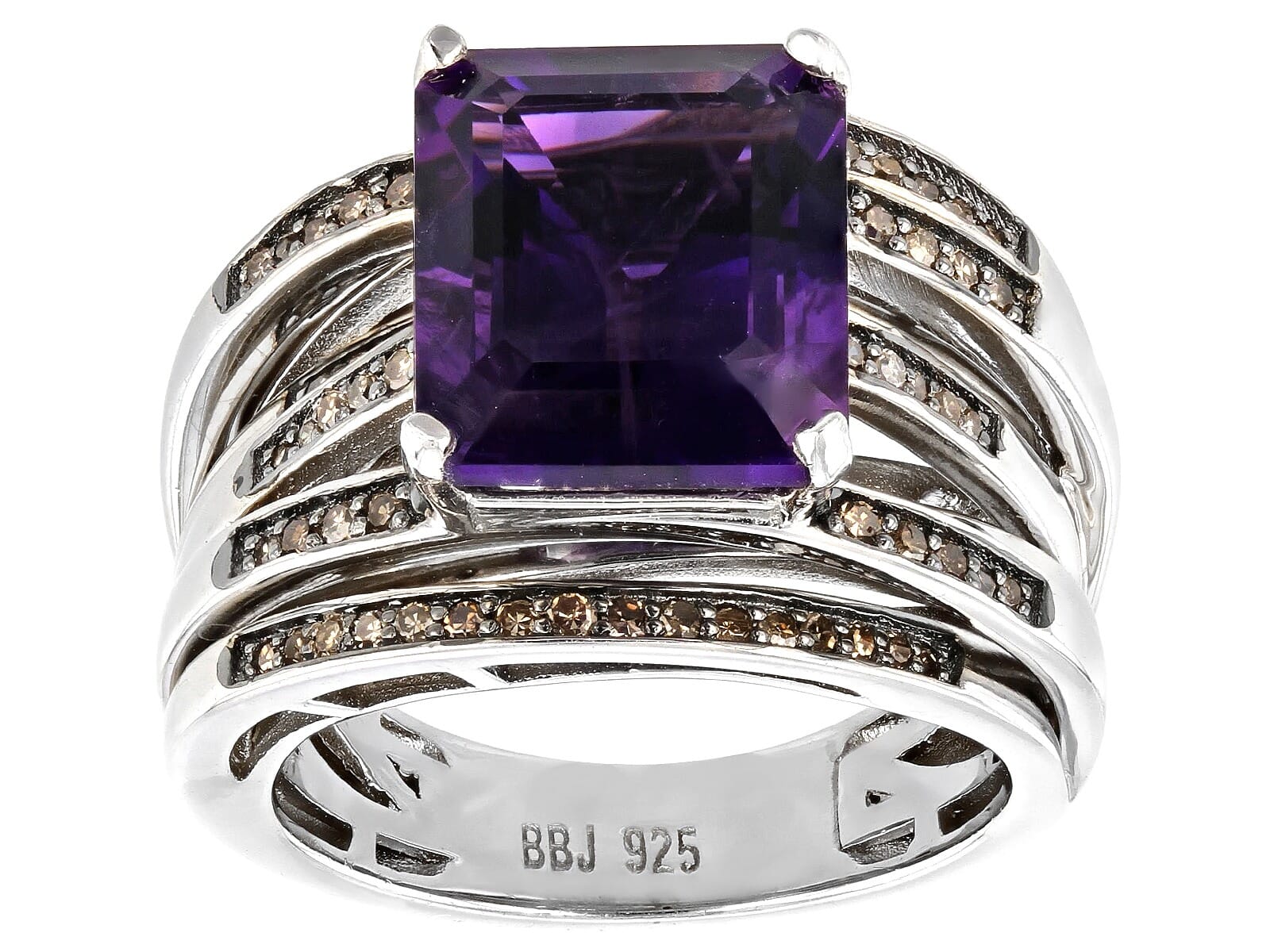 4.68 Ctw Natural  African Amethyst with 0.36Ctw Natural  Champagne Diamond Rhodium Over Sterling Silver Ring