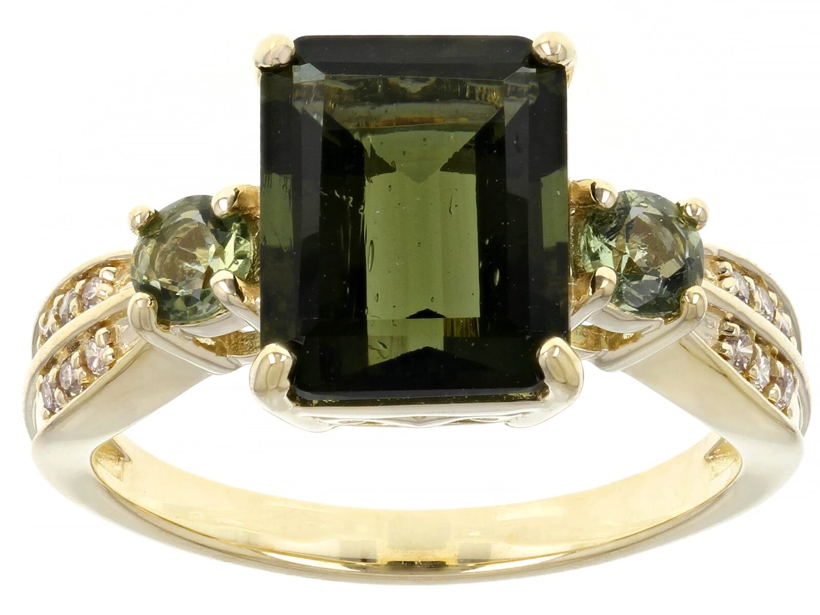 10K Yellow Gold 2.19ct Green Moldavite  and 0.24ctw with 0.09ctw  Champagne Diamond Ring