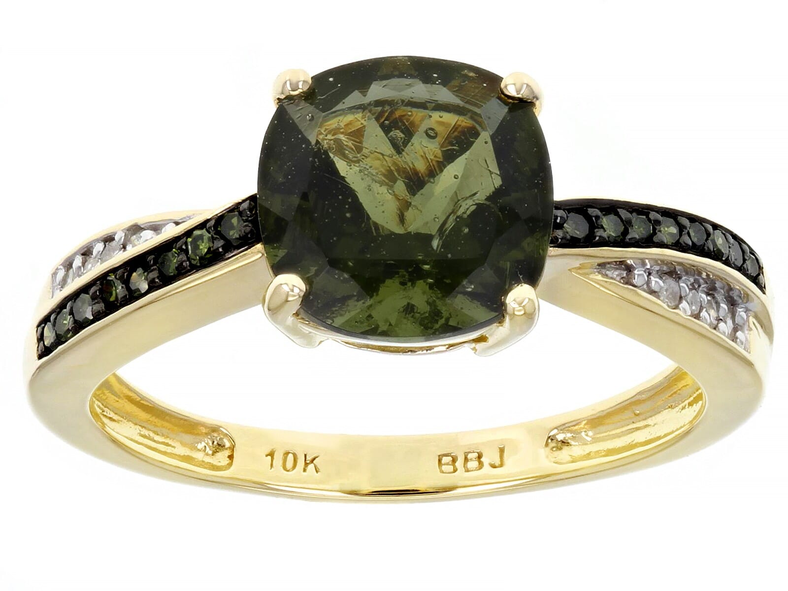 10K Yellow Gold 1.25ct Moldavite With 0.03ctw White Diamonds & 0.07ctw Green Diamond Ring