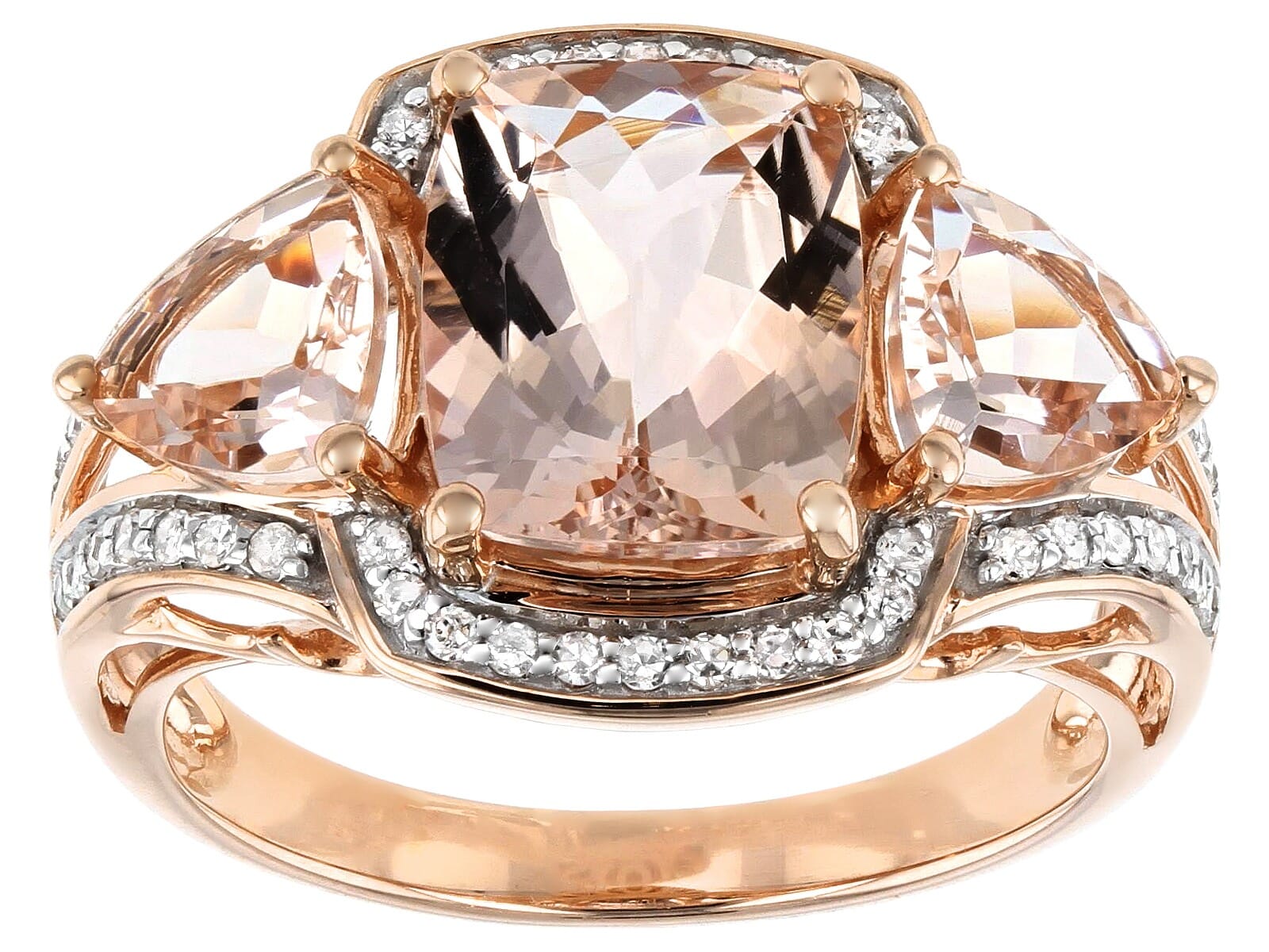10K Rose Gold 3.63ctw  Cor-De-Rosa Morganite  with 0.23ctw  white Diamond  3-Stone Ring