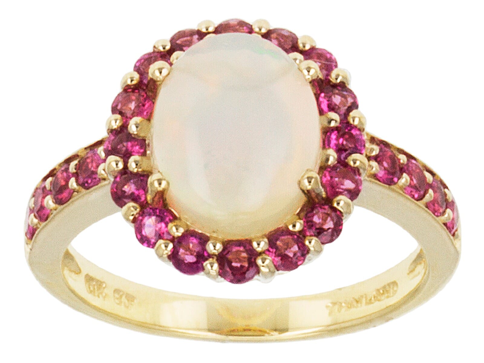 10K Yellow Gold 1.36Ctw Natural Multi Color Ethiopian Opal with 0.91 Ctw Natural Red Spinel Ring