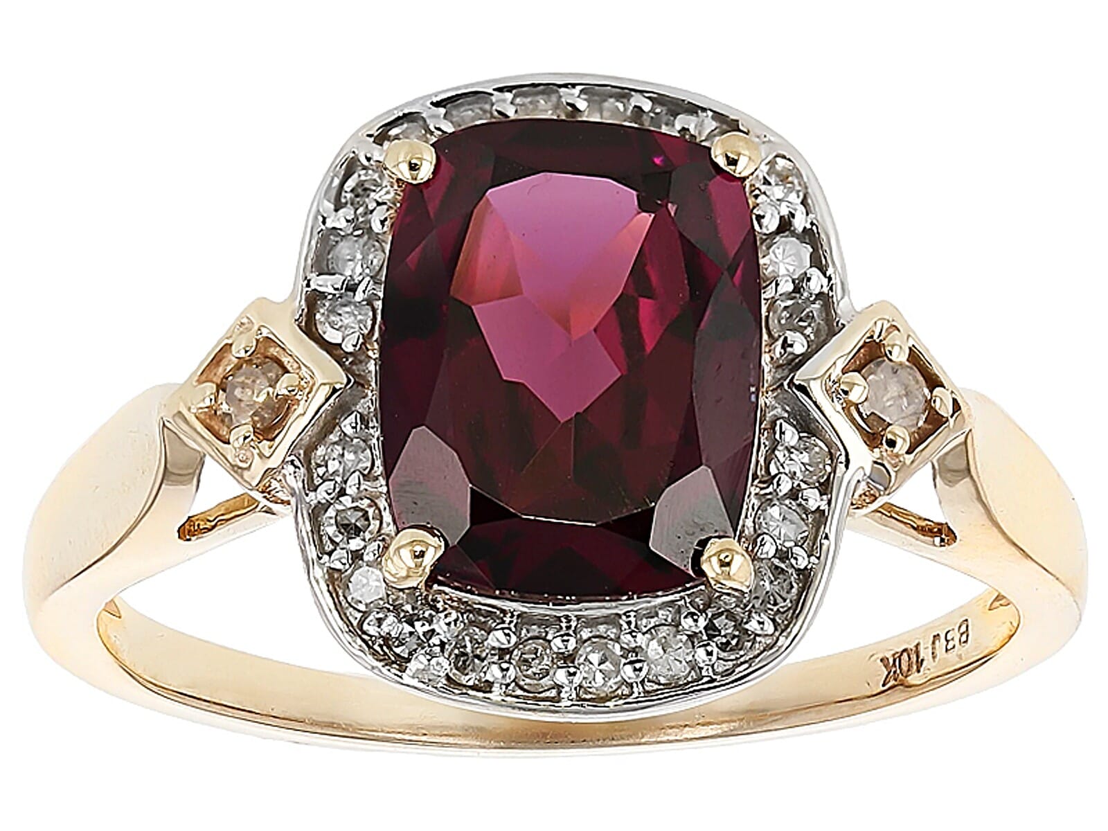10K Yellow Gold 2.19ct Grape color Garnet with .14ctw  White Diamonds and .03ctw Champagne Diamond Ring