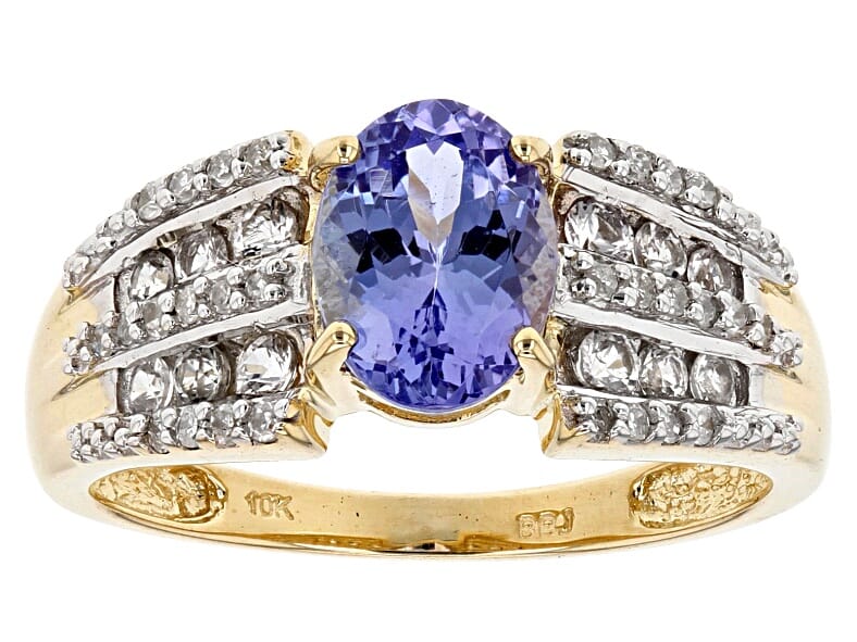 10KT Gold and 1.43 Ctw Natural Tanzanite with 0.33 Ctw White Sapphire and 0.14 Ctw Diamond Accent Engagement Ring