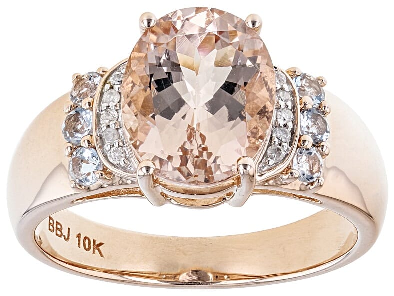 10KT Rose Gold and 2.22 Ctw Natural Peach Morganite with 0.18 Ctw Natural Aquamarine and 0.04 Ctw Round Diamond Accent Engagement Ring