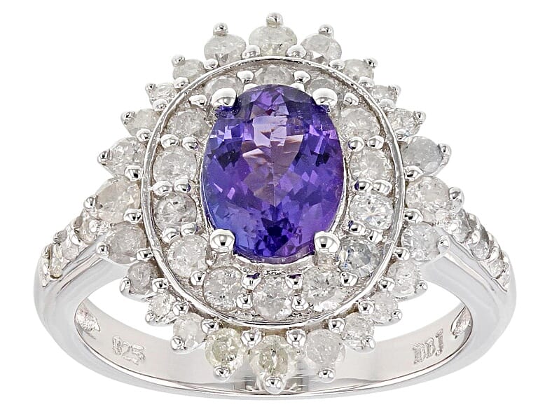 1.23Ctw Natural Blue Tanzanite  with 1.02 Ctw White Diamond  925 Sterling Silver Plated with Rhodium