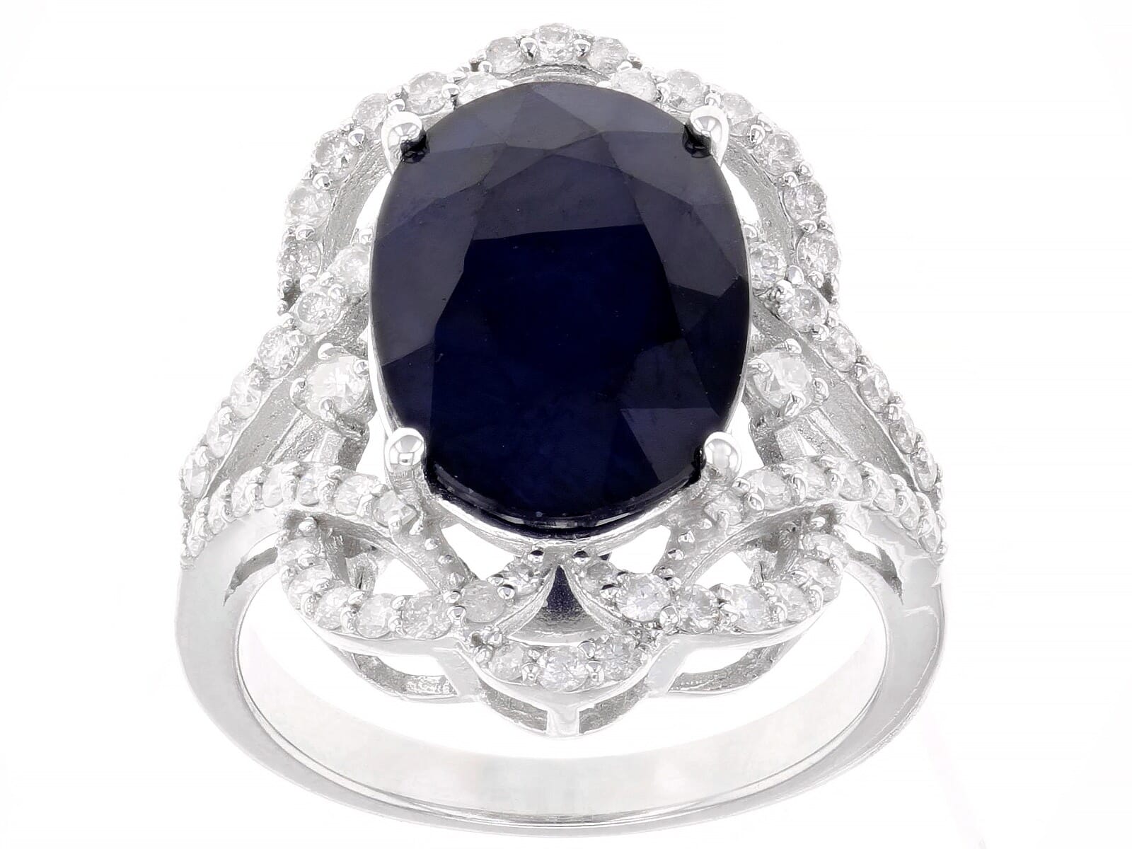 5.95ct Blue Sapphire with .62ctw  White Diamond, Rhodium Over Sterling Silver Ring