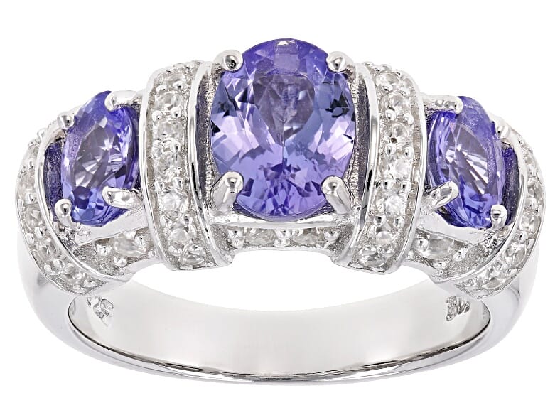 2.44 Ctw Natural Tanzanite with 0.62 Ctw Natural White Zircon Rhodium Over Sterling Silver Ring
