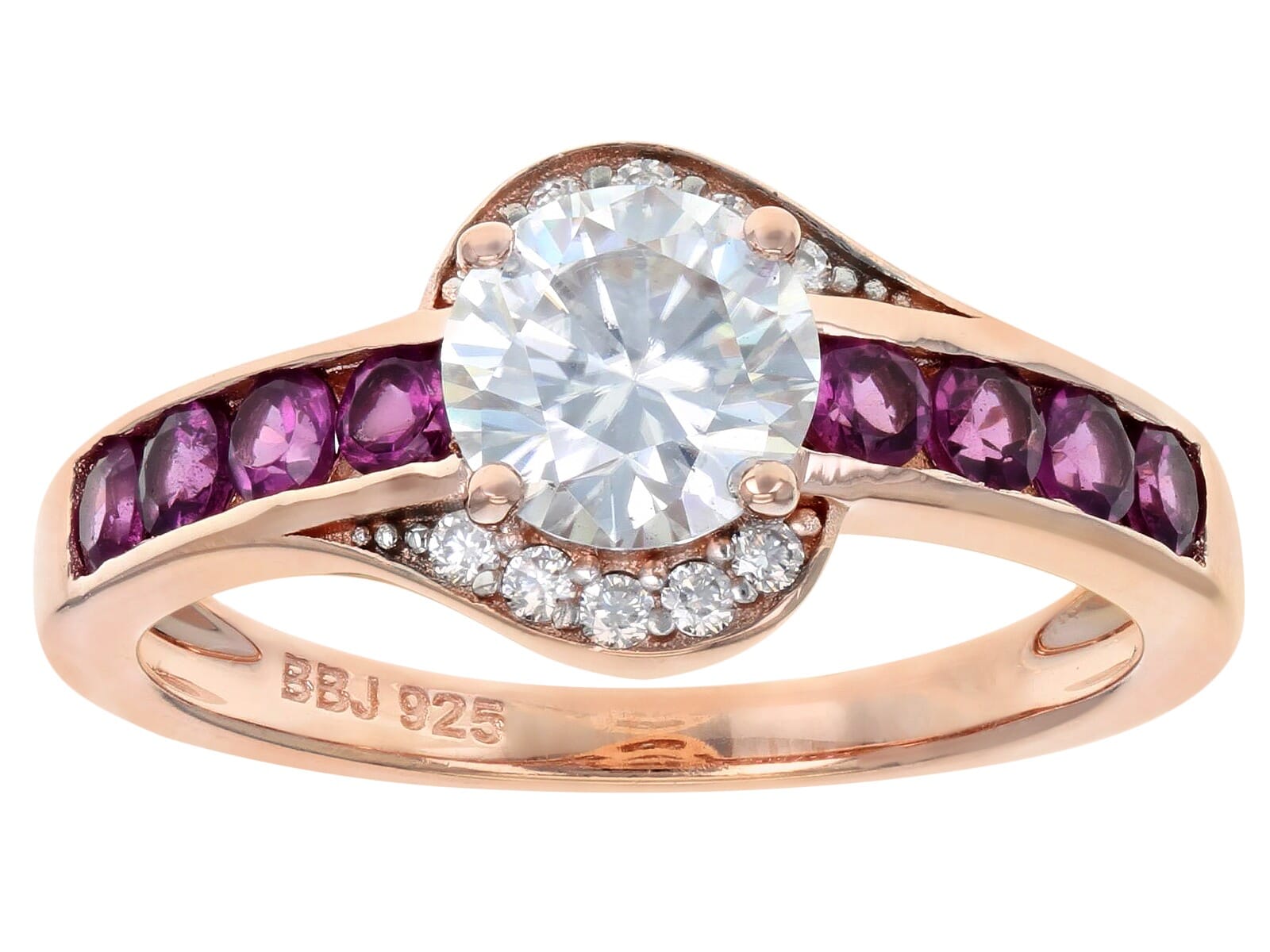 0.98Ctw Moissanite with .77Ctw Grape Color Garnet 14k Rose  gold over sterling silver Ring