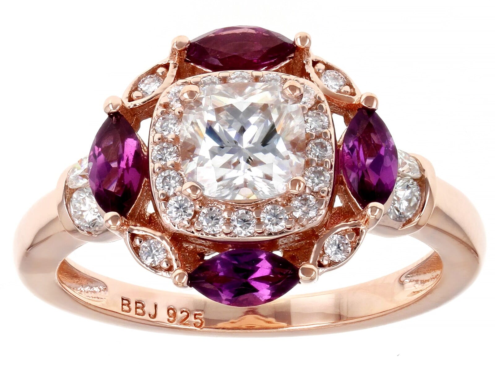 1.07ctw Moissanite with  0.73ctw Grape color Garnet 14K Rose gold over silver Ring