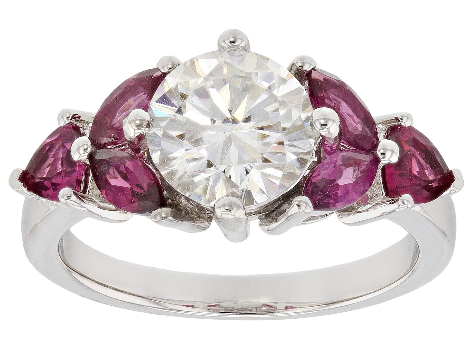 1.60ctw moissanite with 1.36ctw Rhodolite Garnet 925 Sterling Silver Plated with Platinum and Rhodium Ring