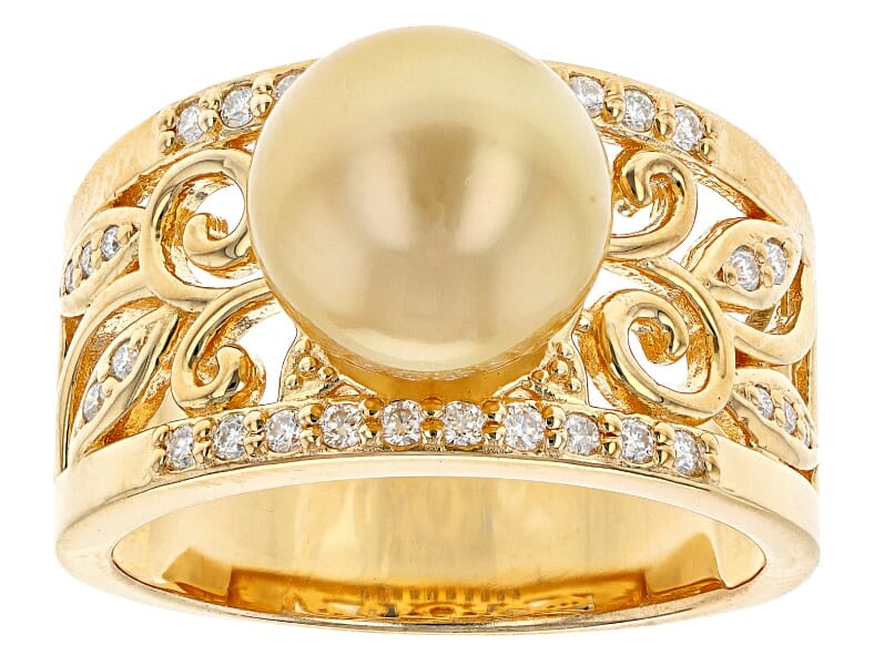  Golden Cultured South Sea Pearl with 0.20 Ctw Moissanite 18k Yellow Gold Over Sterling Silver Ring