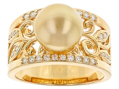 Golden Cultured South Sea Pearl with 0.20 Ctw Moissanite 18k Yellow Gold Over Sterling Silver Ring