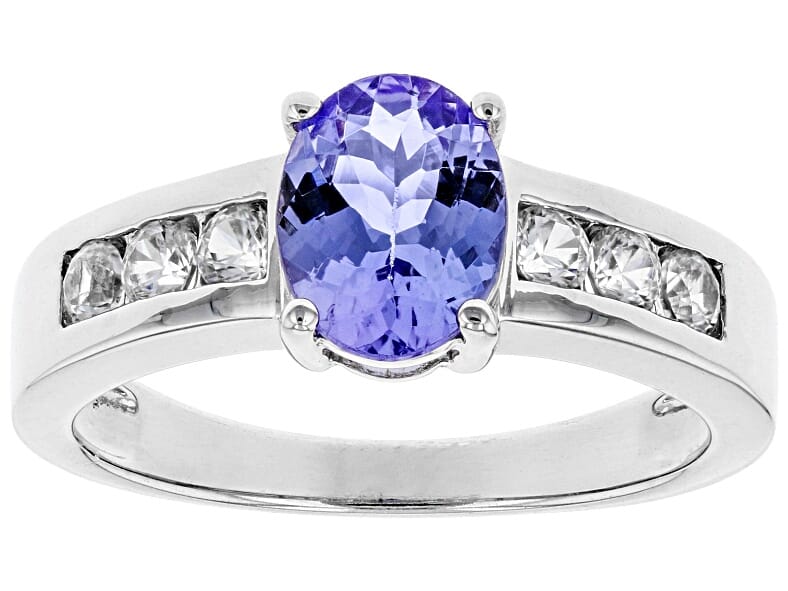 1.48 Ctw Natural Tanzanite with 0.34 Ctw Natural White Zircon Rhodium Over Sterling Silver Ring