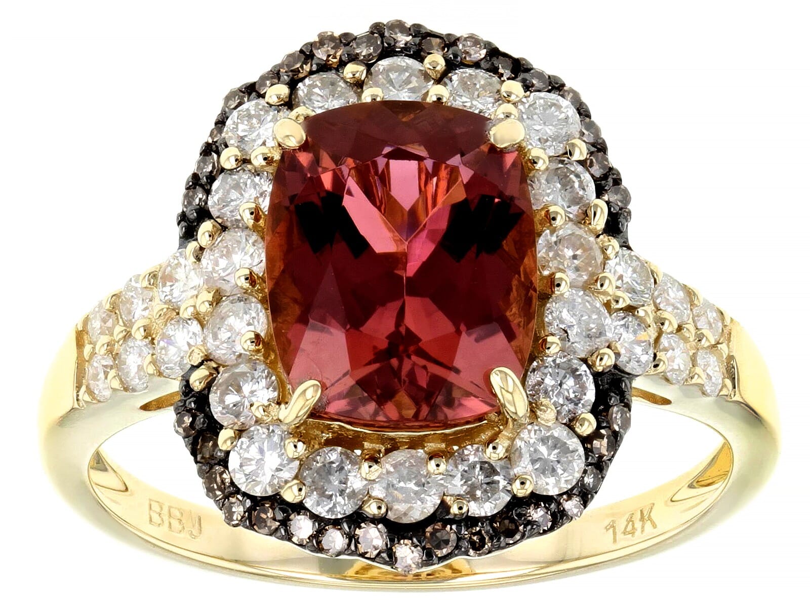 14K Yellow Gold and 2.15 Ctw Natural Pink Tourmaline with 0.74 Ctw Round White Diamond and Champagne Diamond Gold Halo Ring  