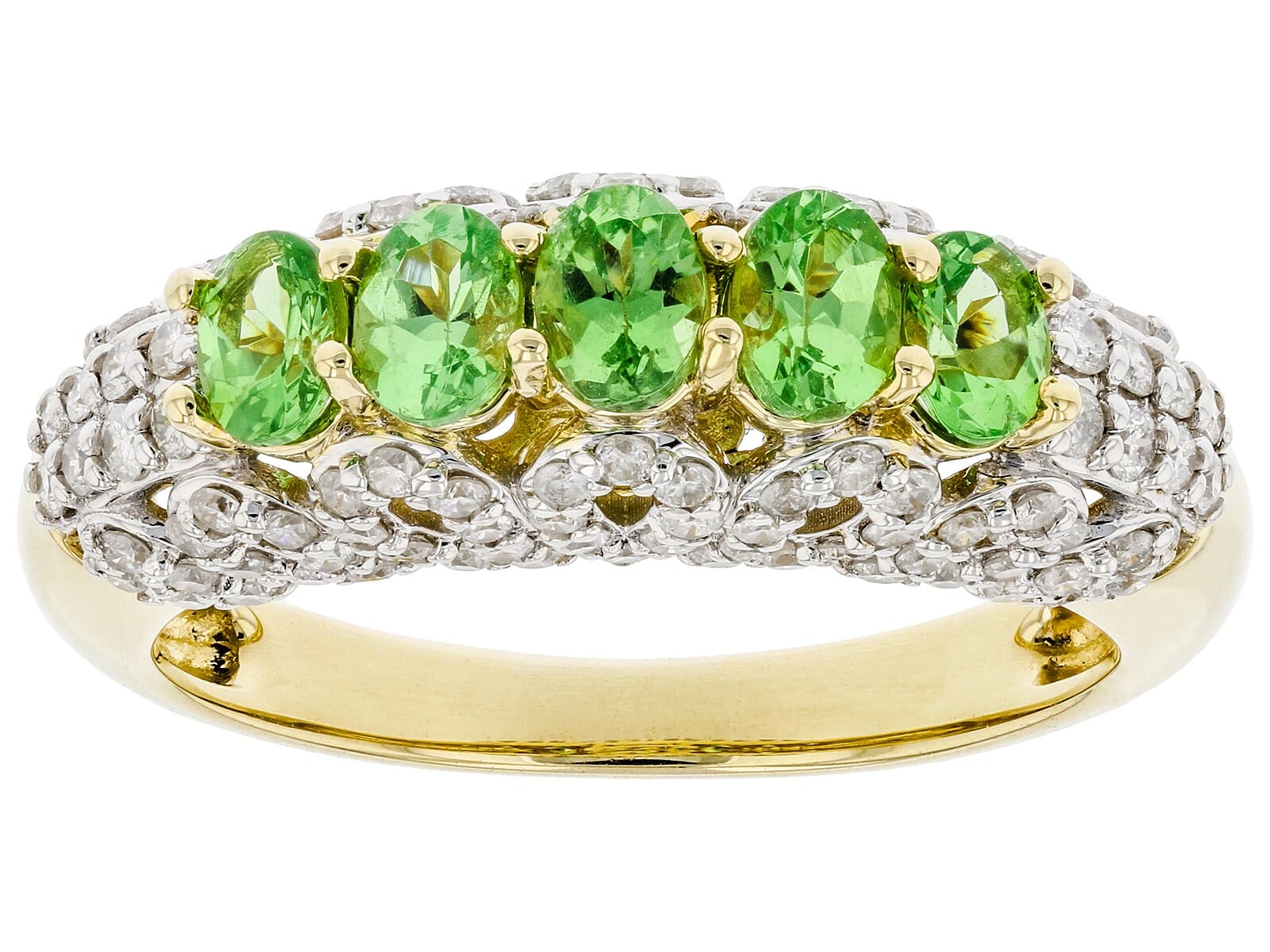 14K Yellow Gold 0.72 Ctw Natural Green Tsavorite Garnet with 0.56 Ctw Natural White Diamond  Ring