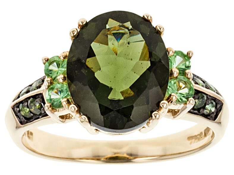 10K Yellow Gold 2.25Ctw Natural Green Moldavite with .28ctw Green Tsavorite Garnet with .17Ctw Green Diamond 