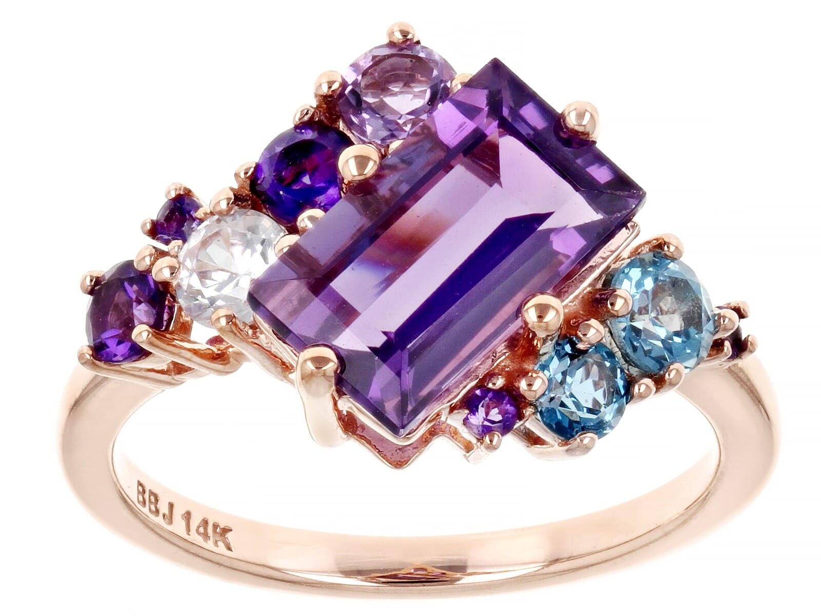 14K Rose Gold  2.49ctw Purple Amethyst With 0.19ct Swiss Blue Topaz, 0.13ct London Blue Topaz, and 0.23ct White Zircon  Ring
