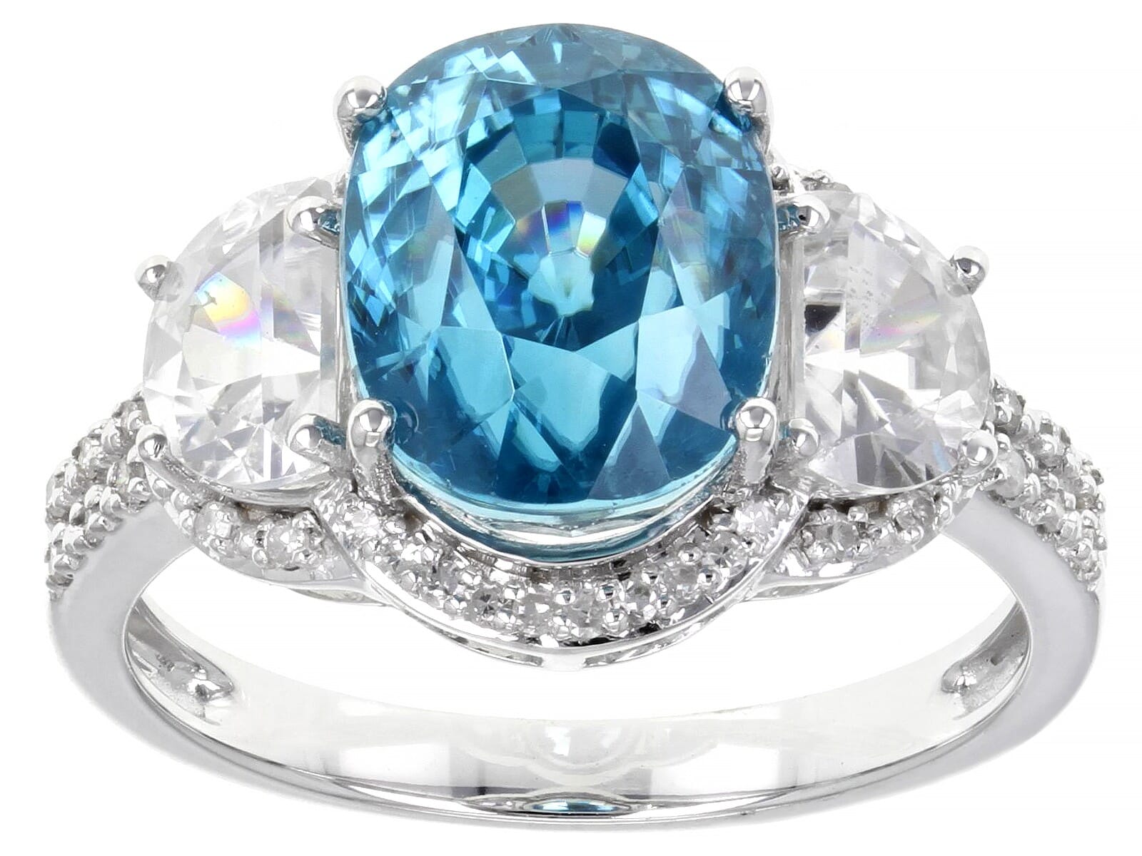 14K White Gold 5.49ct Blue Zircon With 1.24ctw White Zircon And 0.15ctw  White Diamond Rhodium Over Ring