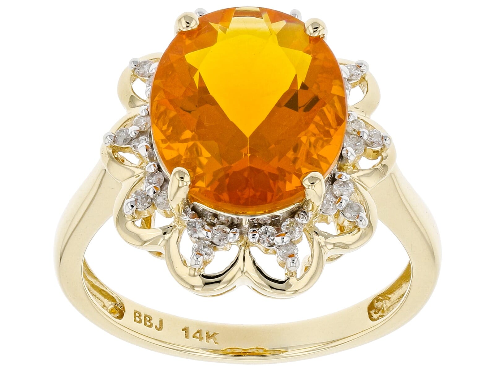 14K Yellow Gold 2.64ct  Mexican Fire Opal With 0.13ctw  White Diamond  Ring