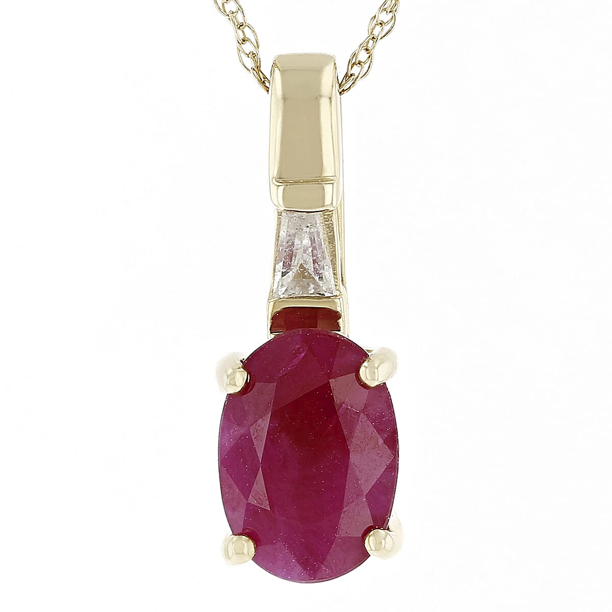 1.32 CTW Oval Burma Ruby with 0.05 CTW Baguette White Diamond Pendant with Chain in 14KT Yellow Gold