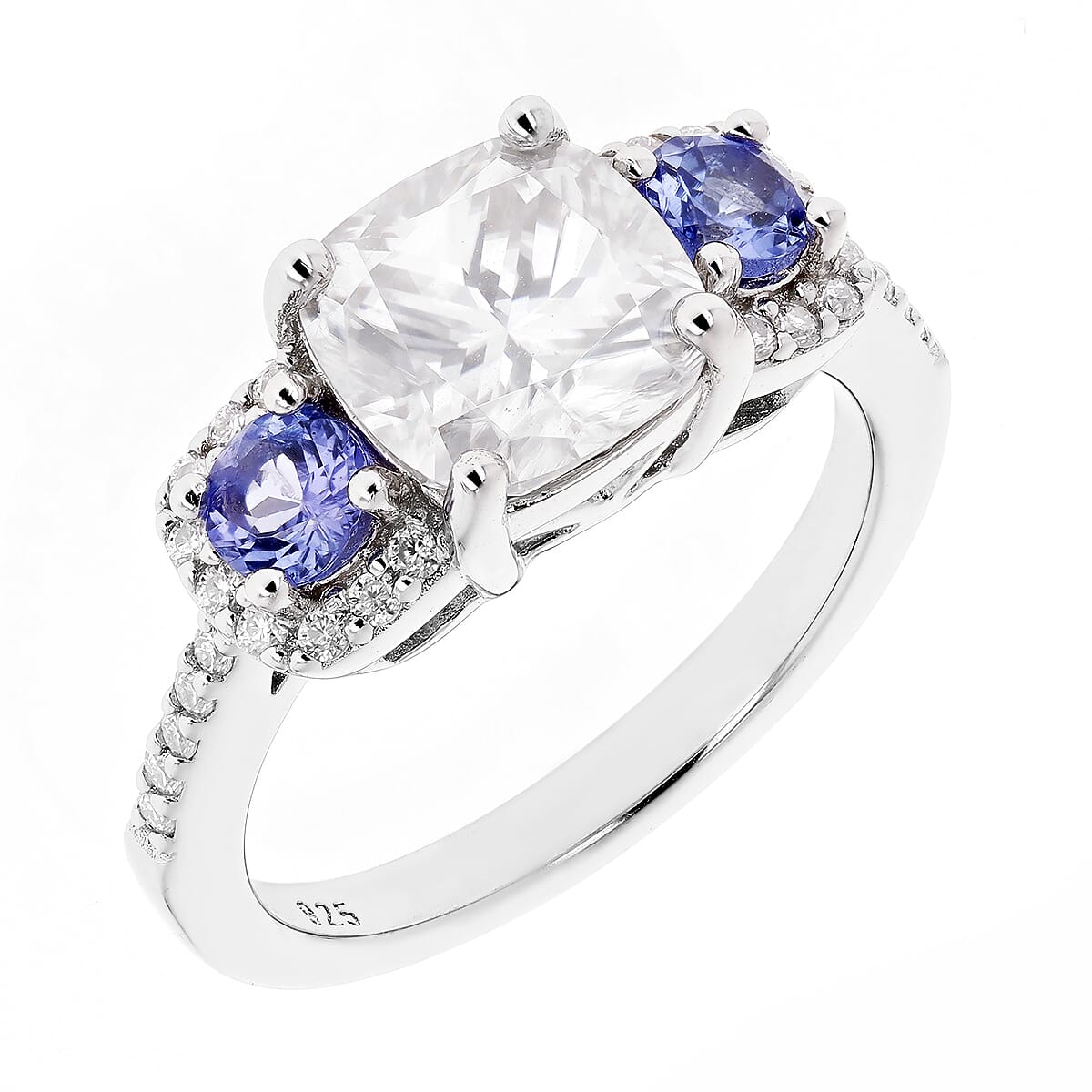 2.36 CTW Cushion Moissanite with 0.43 CTW Round Violet Blue Tanzanite Three Stone Ring in 925 Sterling Silver Plated with Rhodium