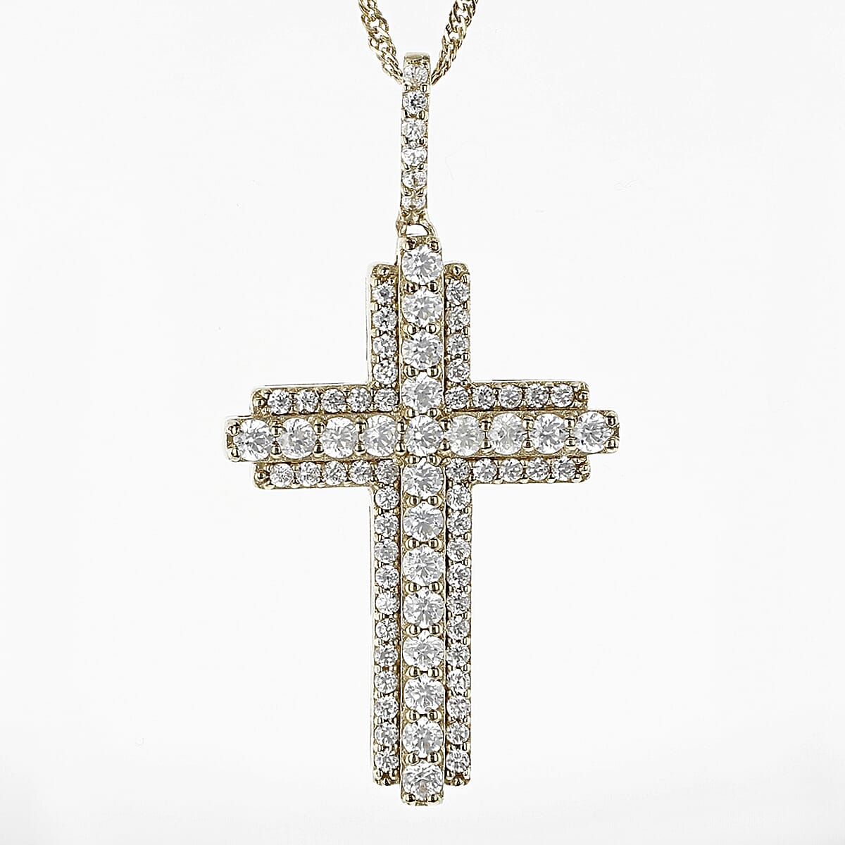 2.94 CTW Round White Zircon Cross Pendant with Chain in 925 Sterling Silver in 18KT Yellow Gold