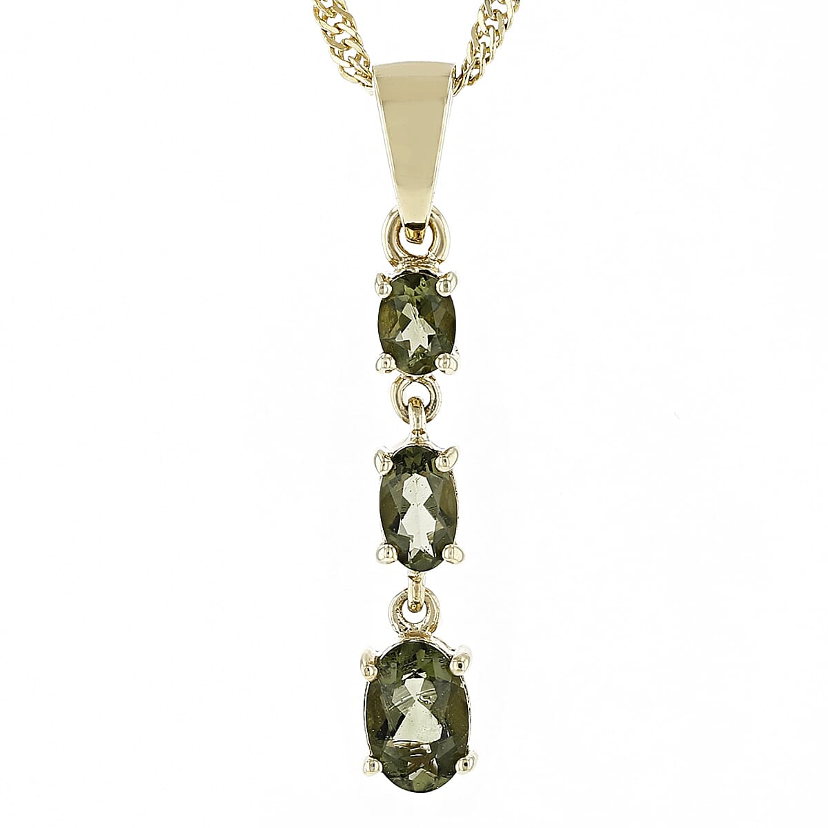 0.58 CTW Oval Moldavite Pendant with Chain in 925 Sterling Silver in 18KT Yellow Gold