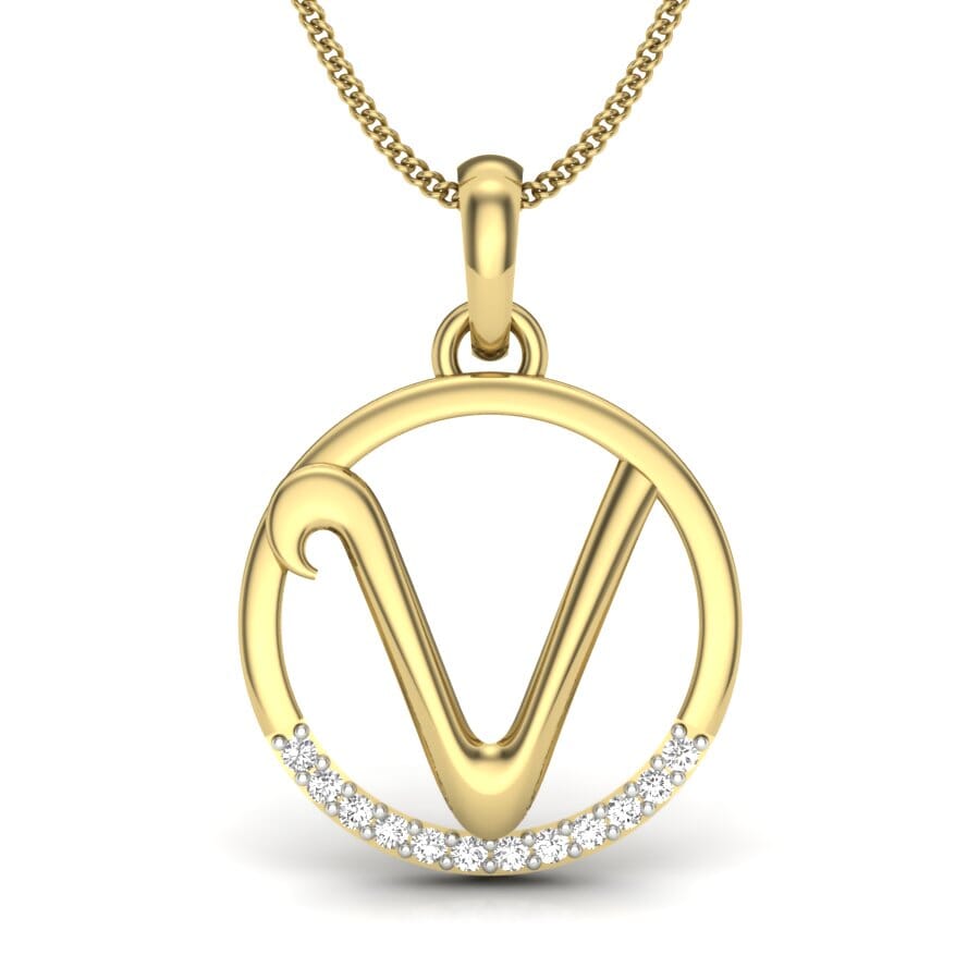 V -14KT Gold and 0.06 Carat F Color VS Clarity Initial Pendant