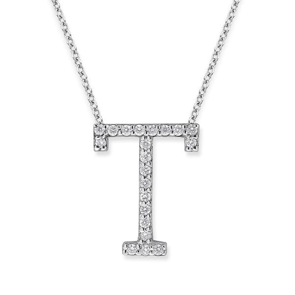 18K Gold and 0.21 Carat F Color VS Clarity Initial "T" Pendant with 16 Inches Chain
