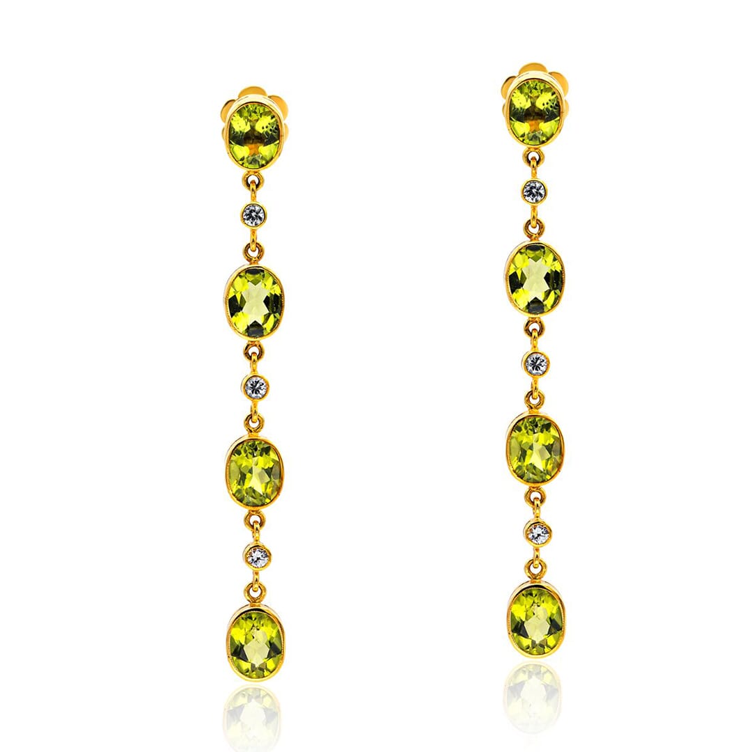 Designer Earrings in 14K Gold, White Sapphires and Peridot