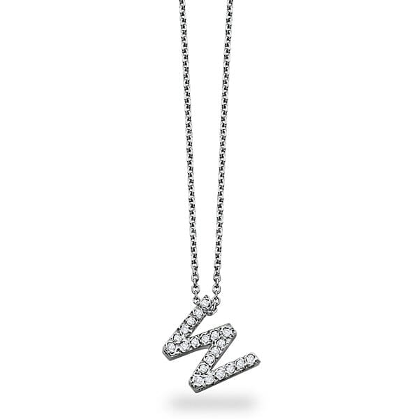 18K Gold and 0.17 Carat F Color VS Clarity Initial "W" Pendant with 16 Inches Chain
