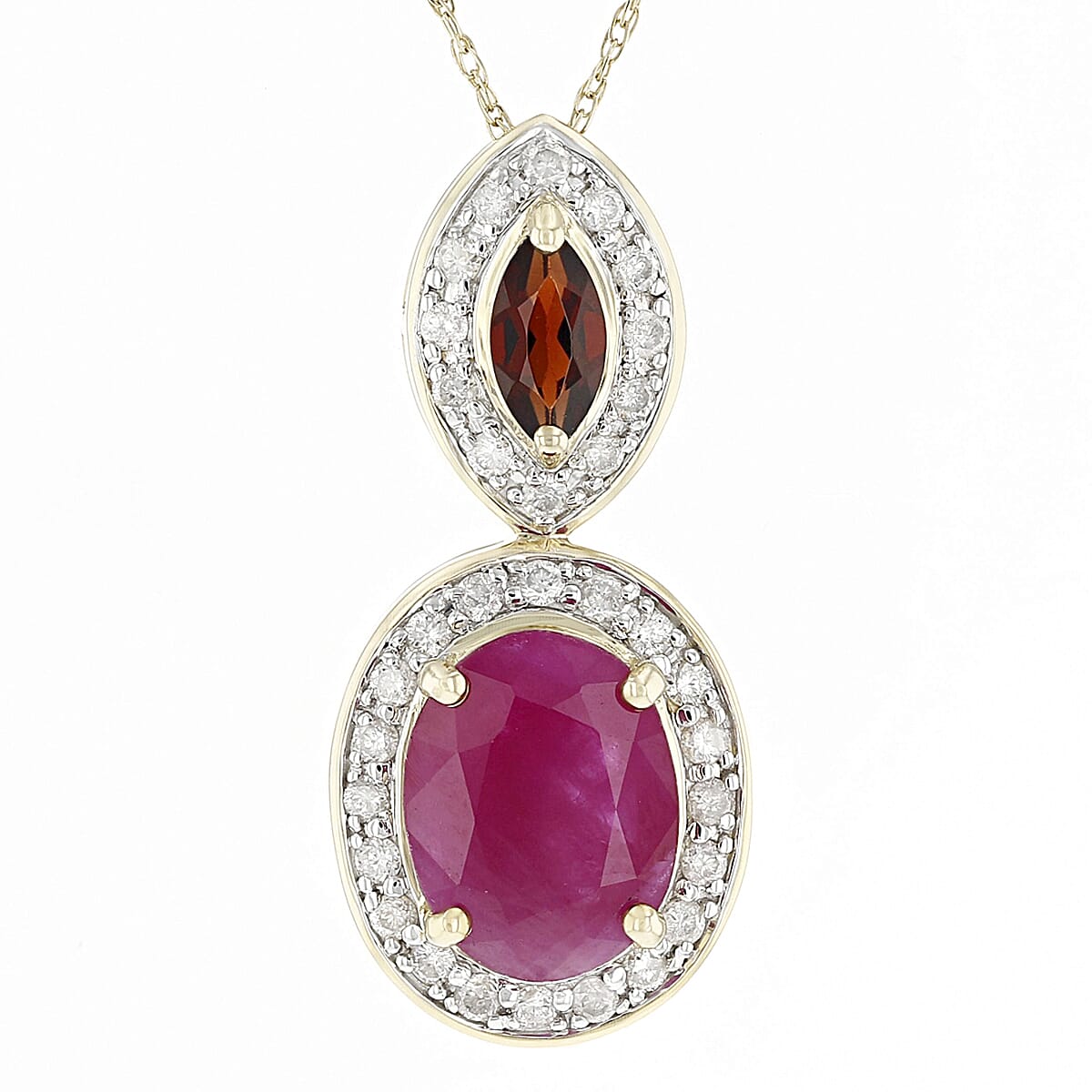 1.78 CTW Oval Burma Ruby with 0.26 CTW Marquise and 0.24 CTW Round White Diamond Pendant with Chain in 14KT Yellow Gold